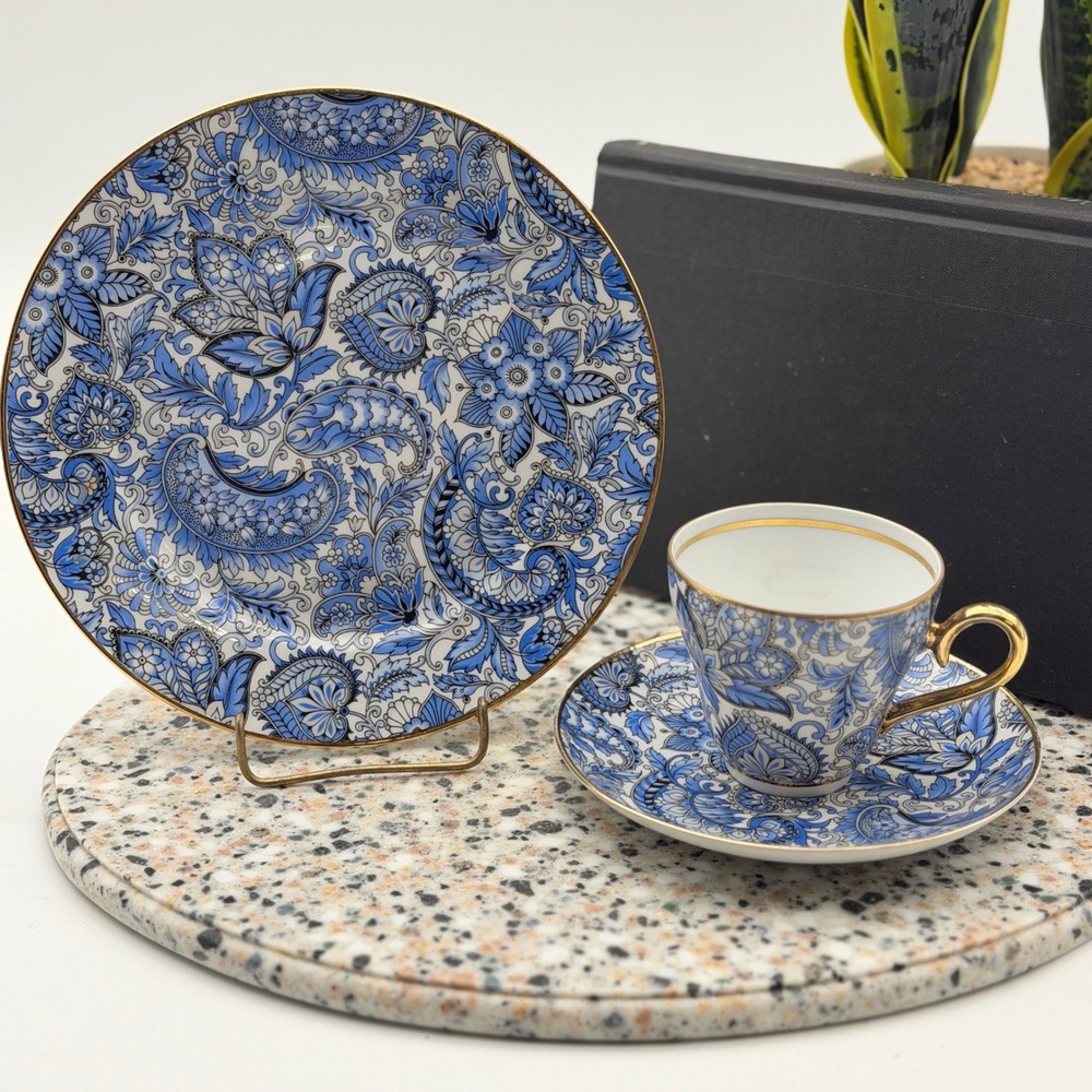 Vintage JKW Bavaria West Germany Blue Paisley Porcelain Tea Set Cup Saucer Plate
